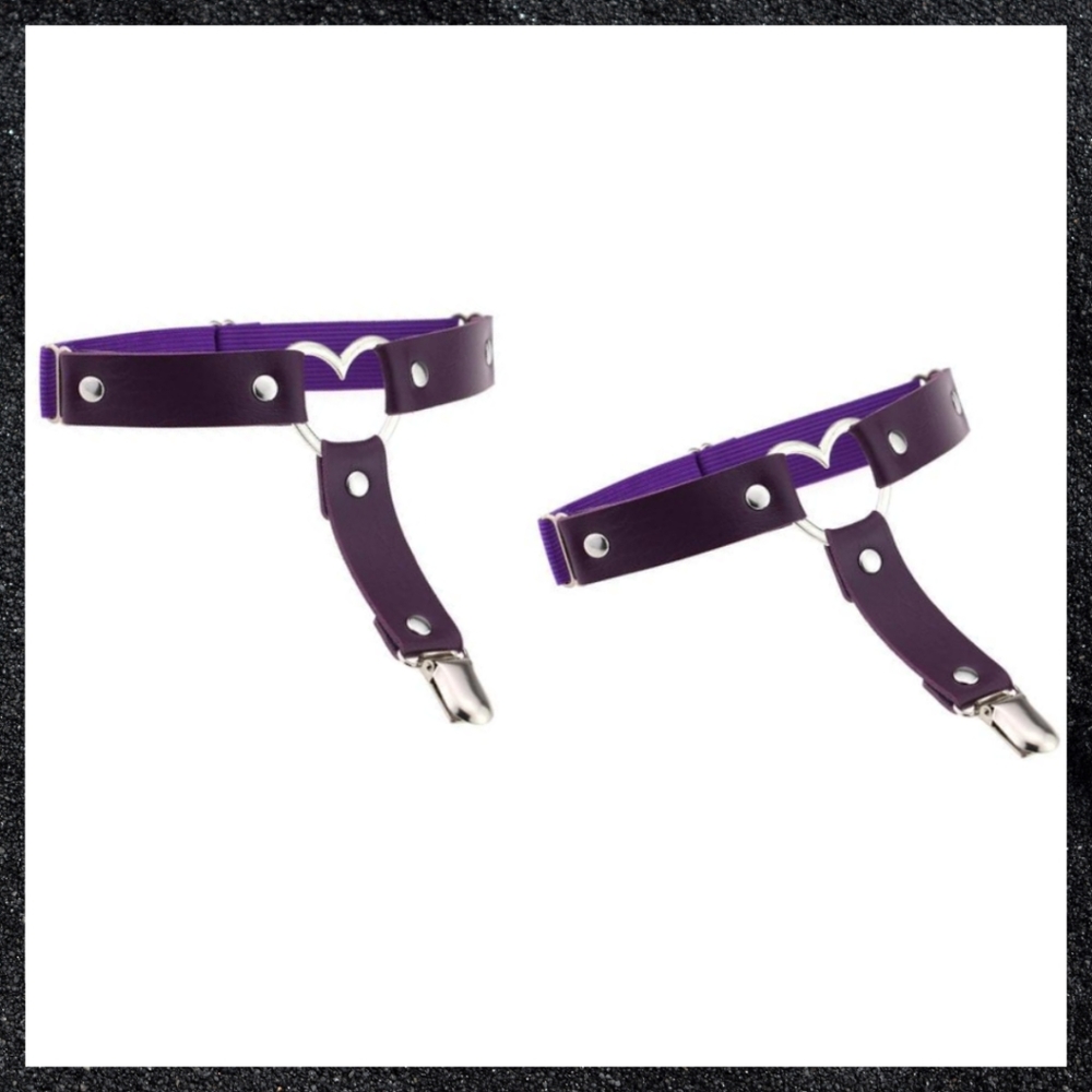 Purple Studded Heart Leather Thigh Garter Harness Pair Set